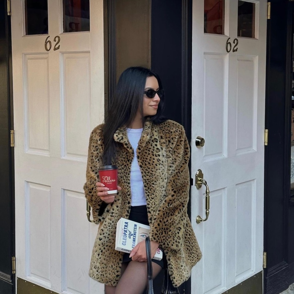 Leopard Print Faux Fur Coat - Brown